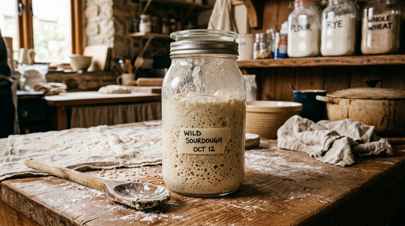 Bubbly wild levain active starter rising in jar