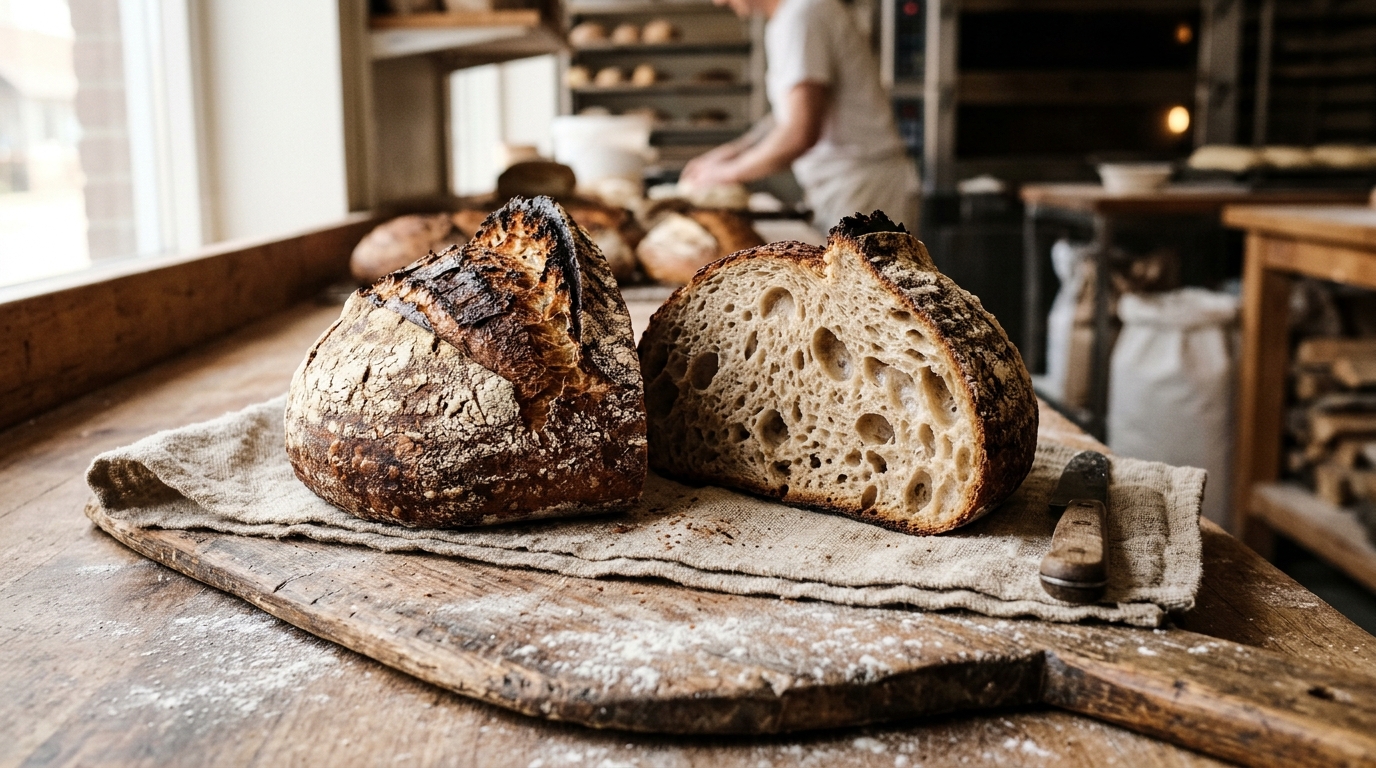 Artisan sourdough loaf sliced open revealing open custardy crumb