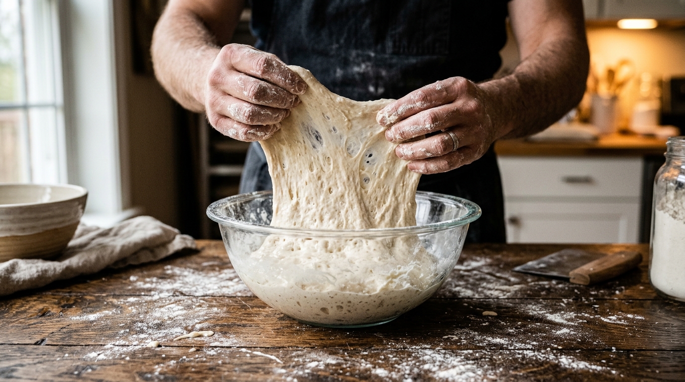 Gentle coil folds on wet sourdough dough